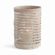 Napa Home & Garden - Burma Rattan Hurricane Large, White: a wicker basket featuring a candle, blending elegance and craftsmanship, ideal for enhancing home ambiance.