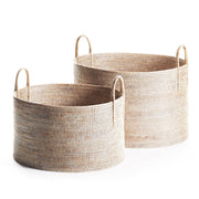 Set of two whitewash Burma Rattan Hampers with handles, showcasing intricate Burmese weaving craftsmanship. Ideal for interior use, available in large and small sizes.