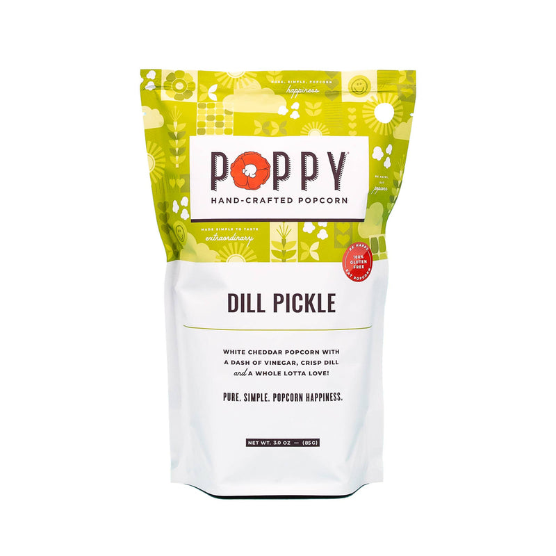 Poppy Hand-Crafted Popcorn - Dill Pickle Popcorn in a white bag featuring green and black text, showcasing a unique flavor blend of white cheddar, vinegar, and dill.