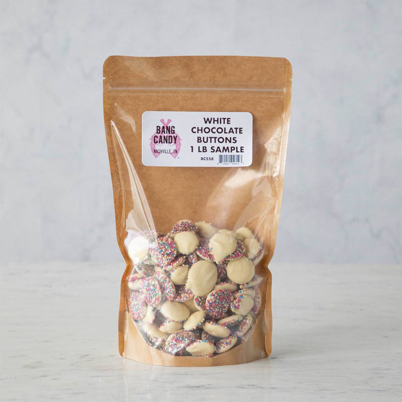 Hester & Cook | White Chocolate Buttons - Sample Bag in a kraft pouch with rainbow nonpareil sprinkles, from Bang Candy, Nashville TN, at Athens Cooks.