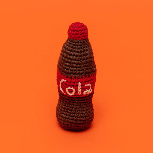 Ware of the Dog - Cotton Crochet Cola Dog Toy: A hand-crocheted, fair-trade dog toy resembling a classic soda bottle, made from organic cotton with a squeaker inside.