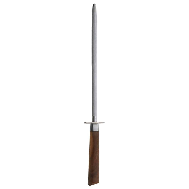 Messermeister | Royale Elite Honing Steel, 10 inches, features a ridged metal rod with an American walnut handle, designed to maintain kitchen knife sharpness.
