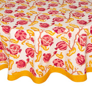 Couleur Nature - Pomegranate Yellow & Red tablecloth, 71 x 71, with vibrant pomegranate motif on creamy-white, mustard-yellow border, perfect for brightening any dining space.