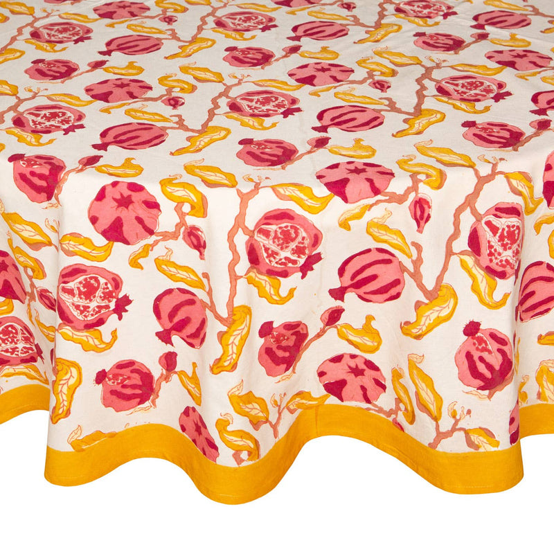 Couleur Nature - Pomegranate Yellow & Red tablecloth, 71 x 71, with vibrant pomegranate motif on creamy-white, mustard-yellow border, perfect for brightening any dining space.