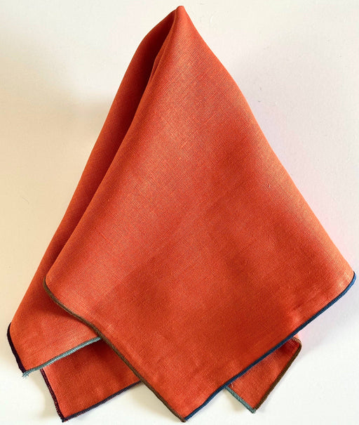 Tisch New York - Napkins, Tomato Linen (Night Fall Hem), neatly folded with contrasting stitched edging, perfect for elegant dining setups. Sold in sets of four.