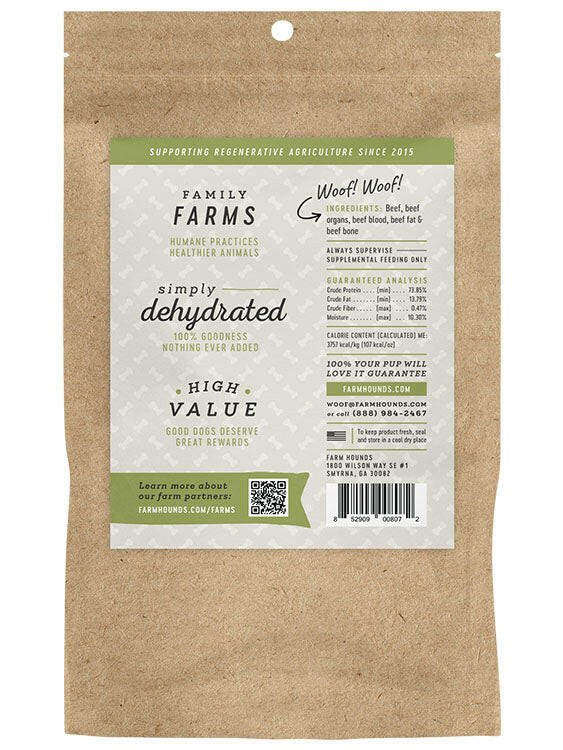 Farm Hounds | Training Treats - Beef in a brown bag with a green label, offering nutrient-rich, ethically sourced rewards for dogs, supporting sustainable farming practices.