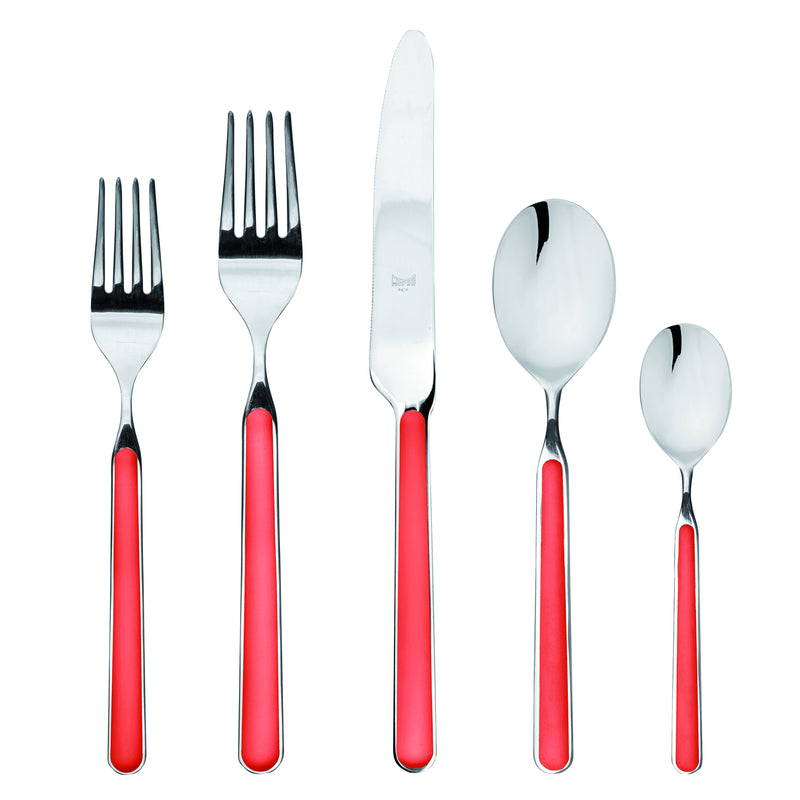 Mepra SPA - Place Set 5 Pcs Fantasia: Red, featuring durable 18/10 stainless steel and nylon fiberglass handles, elegantly crafted for lasting sharpness and dishwasher safe.