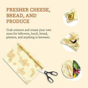 Bee's Wrap - Cut-to-Size Roll - Honeycomb with scissors for customizable, eco-friendly food storage, featuring avocado and vegetables for versatile kitchen use.