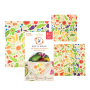 Bee's Wrap - New! Garden Party - Assorted 3 Pack, featuring food-themed reusable wraps with designs of fruits and vegetables, perfect for eco-friendly food storage.