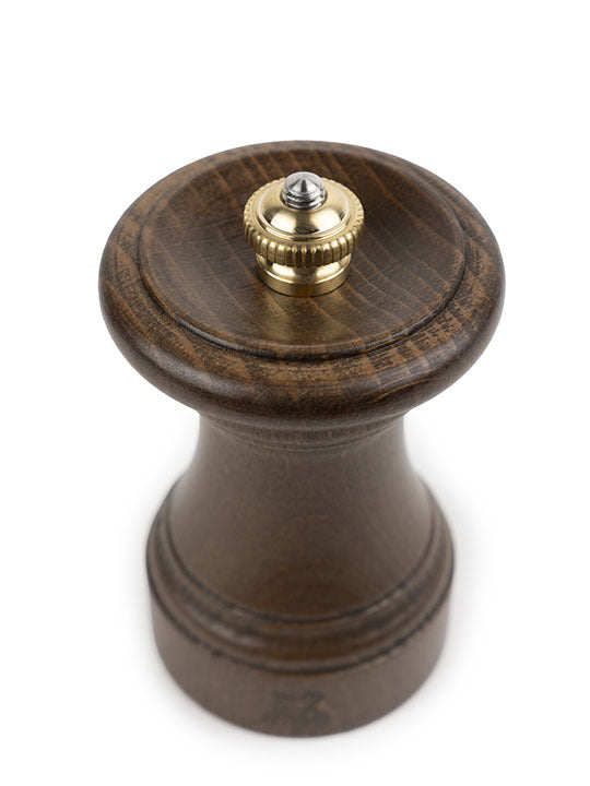 Peugeot | 1874 Manual Wooden Pepper Mill Antique Patina, 4 inches, showcasing brass knob, patinated beechwood finish, inspired by iconic 1874 design, in Athens Cooks' curated collection.