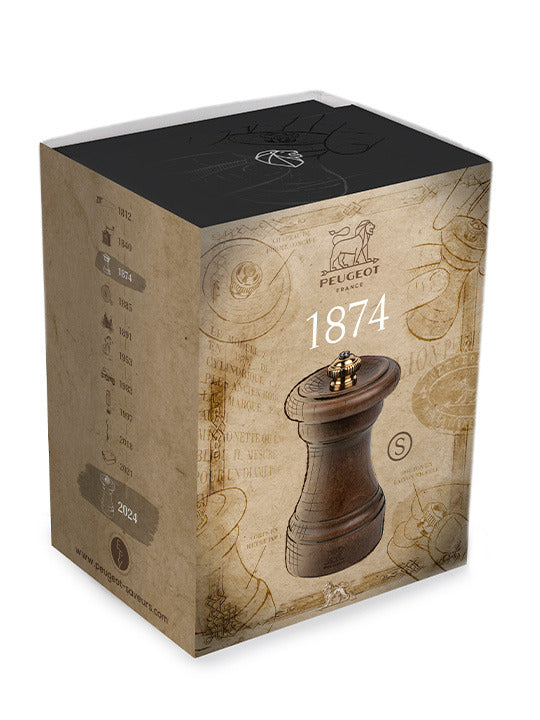 Peugeot | 1874 Manual Wooden Pepper Mill Antique Patina, 4 inches, featuring a dark-wood body, brass knob, heritage packaging, and historical timeline, celebrating classic craftsmanship.