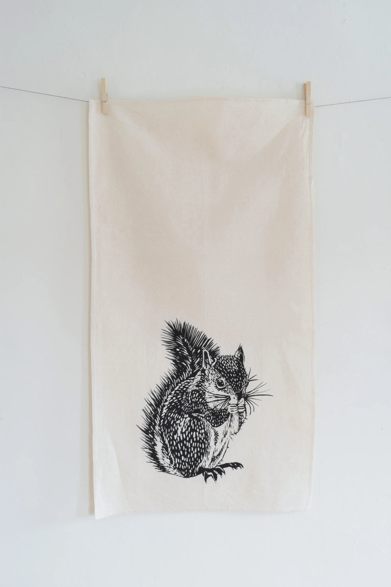 Hearth and Harrow | Organic Cotton Squirrel Tea Towel in Grey - Woodland Animal