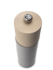 Peugeot | Boreal Salt Mills, Pebble Gray features a beech-wood top and metal body, adjustable grind knob marked S, ideal for stylish kitchen sets.