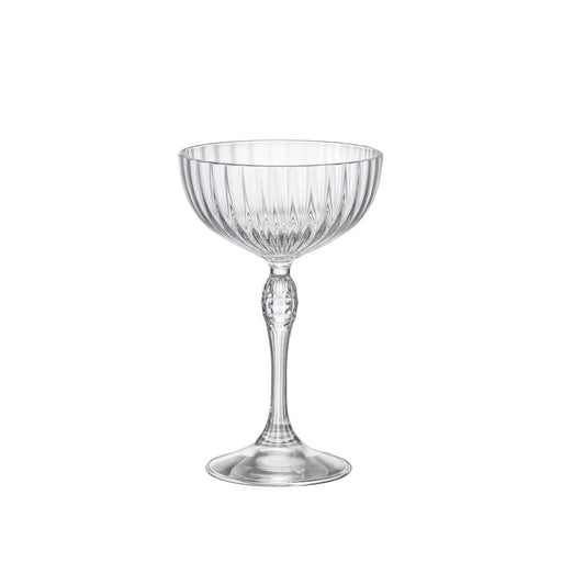 Bormioli | America's '20s Cocktail Coupe, 7.5 oz, Set of 4: Elegant stemmed glasses with fluted bowls and decorative stems, ideal for cocktails, reflecting Athens Cooks' curated barware selection.