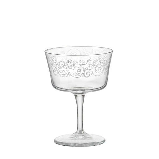 Bormioli | Novecento Liberty Fizz Cocktail Glasses, Set of 2, featuring a wide, shallow bowl with etched scroll pattern, ideal for cocktails or desserts.