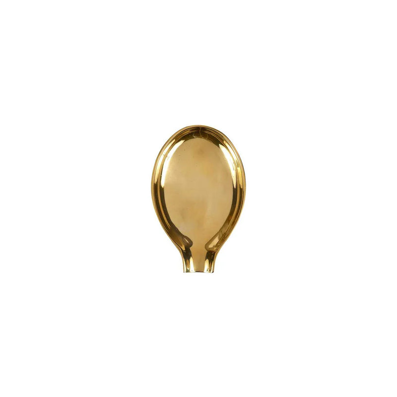 Sir|Madam Brass Spoon Rest, an oval, gold-finished brass piece, designed for holding kitchen utensils, reflecting Athens Cooks' curated kitchen tool collection.