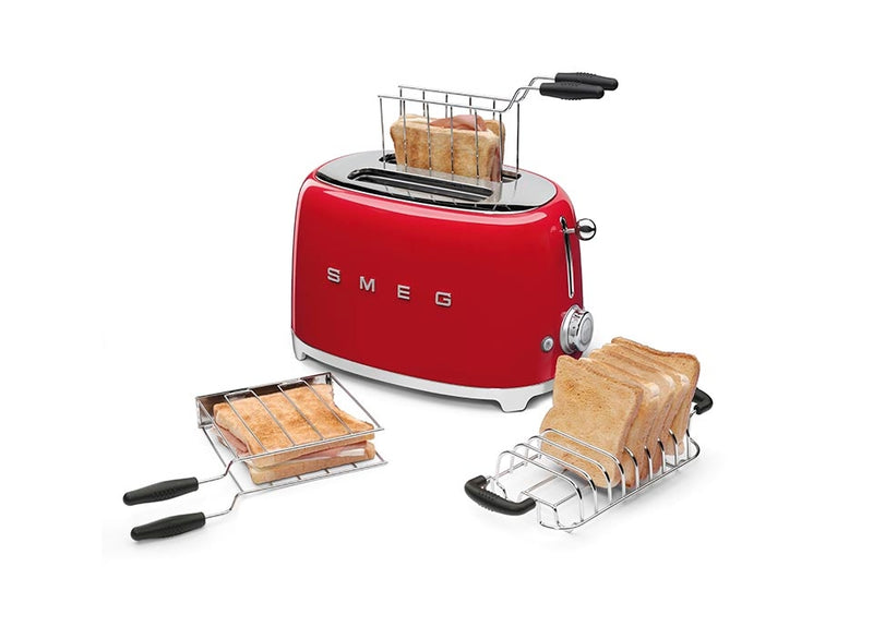 Smeg | Sandwich Racks (2 Pcs) TSF02 Accessories: Retro-styled toaster with removable rack and two chrome trays, each holding bread slices, perfect for Athens Cooks kitchen essentials.