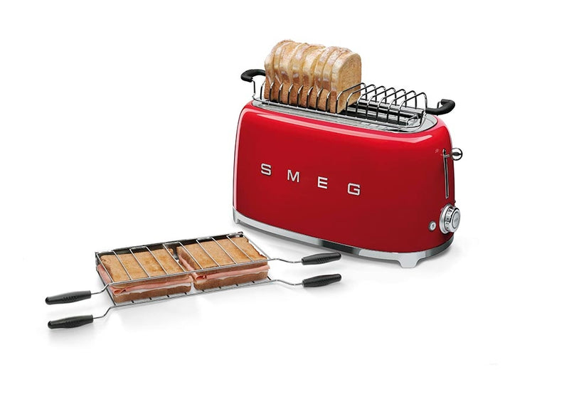 Retro-style red SMEG toaster with slices of bread and detachable sandwich racks, showcasing the Smeg | Sandwich Racks (2 Pcs) TSF02 Accessories at Athens Cooks.