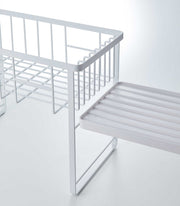Yamazaki Home | Two-Tier Dish Rack, White: Minimalist white metal rack with two levels and a removable tray, ideal for maximizing kitchen drying space.