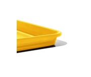 Great Jones | Little Sheet - Pepper, a compact, oven-safe yellow tray with nonstick coating, ideal for baking or reheating, showcased against a black backdrop.