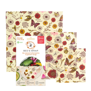 Bee's Wrap - Assorted 3 Pack - Meadow Magic, Plant-Based Wax: Three reusable wraps in floral patterns, packaged for sustainable food storage.