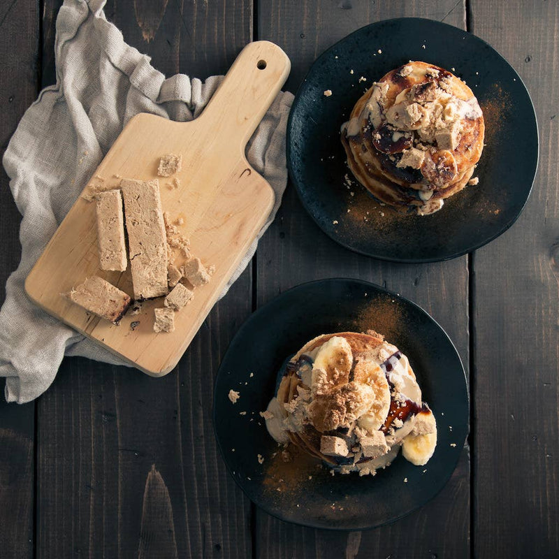 Seed + Mill - Toasted Sesame Halva, 227g, showcased with pancakes, bananas, and syrup, highlighting its versatile use in sweet culinary creations.
