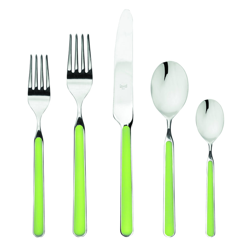 Mepra SPA - Place Set 5 Pcs Fantasia: Turtle-dove; elegant silverware with green handles, crafted from stainless steel and resin, featuring durable, welded design with double-serrated knives.