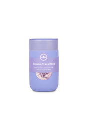 W&P - Ceramic Reusable Coffee Mug 16oz: Charcoal, featuring a purple silicone sleeve with terrazzo pattern, text label visible.