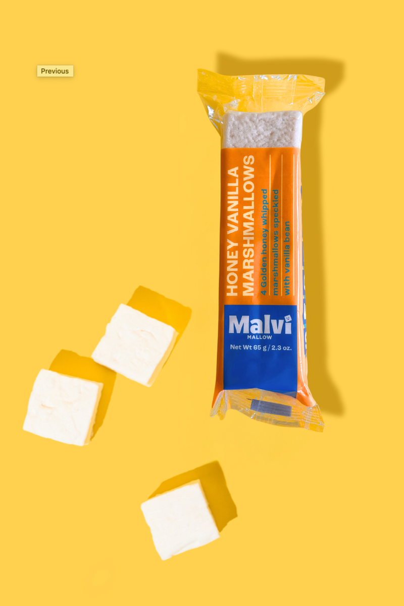 Malvi Mallow - Honey Vanilla 4-Pack Marshmallows, Case of 12 Packs, featuring cubed marshmallows, ideal for toasting, cocoa topping, or direct enjoyment.