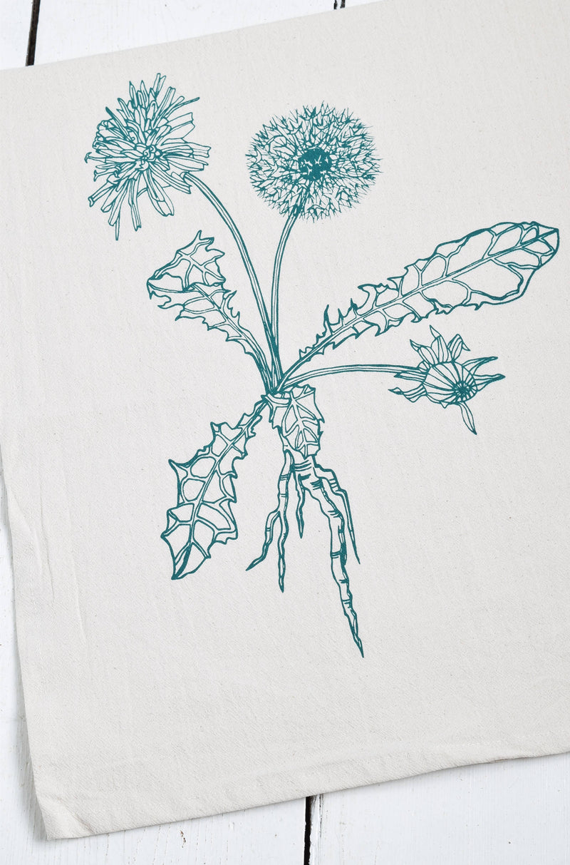 Hearth and Harrow - Organic Cotton Dandelion Tea Towel featuring a hand-printed botanical dandelion design, ideal for both kitchen use and elegant dining.