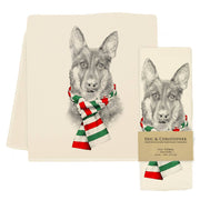 Eric & Christopher - German Shepherd with Red Scarf Tea Towel, featuring a detailed dog portrait on cream cotton, showcasing winter style, crafted in Bucks County, PA.
