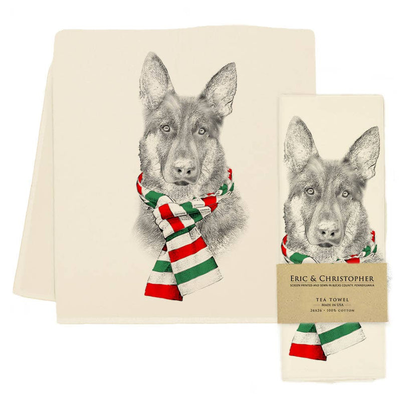 Eric & Christopher - German Shepherd with Red Scarf Tea Towel, featuring a detailed dog portrait on cream cotton, showcasing winter style, crafted in Bucks County, PA.