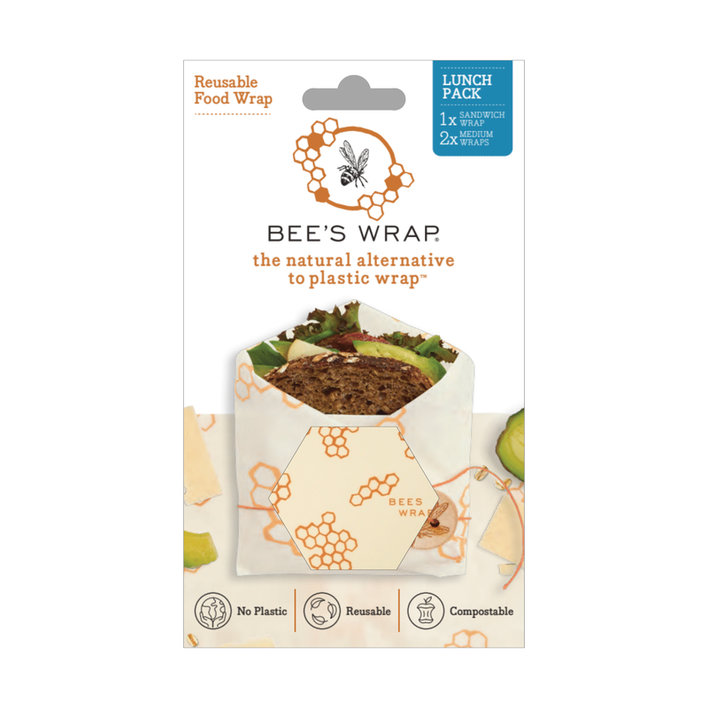 Bee's Wrap - Lunch 3 Pack - Honeycomb Print, featuring a reusable sandwich wrap and two snack-size wraps, displayed with a sandwich and bee-themed patterns.