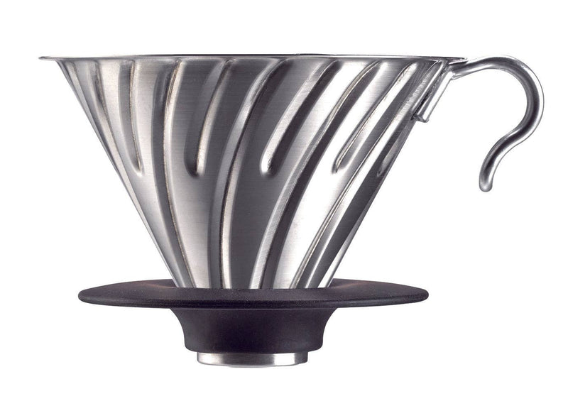 HARIO USA - V60 Metal Dripper: Silver, a stainless-steel pour-over coffee dripper with spiral ribs and handle, designed for precise manual drip brewing over a cup.
