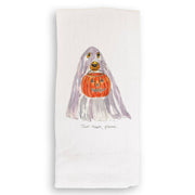 White guest towel featuring a playful dog and pumpkin drawing, blending style and functionality, perfect for adding elegance to home or gifting.