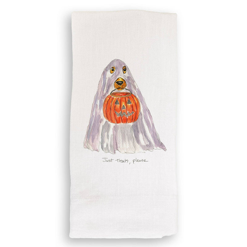 White guest towel featuring a playful dog and pumpkin drawing, blending style and functionality, perfect for adding elegance to home or gifting.