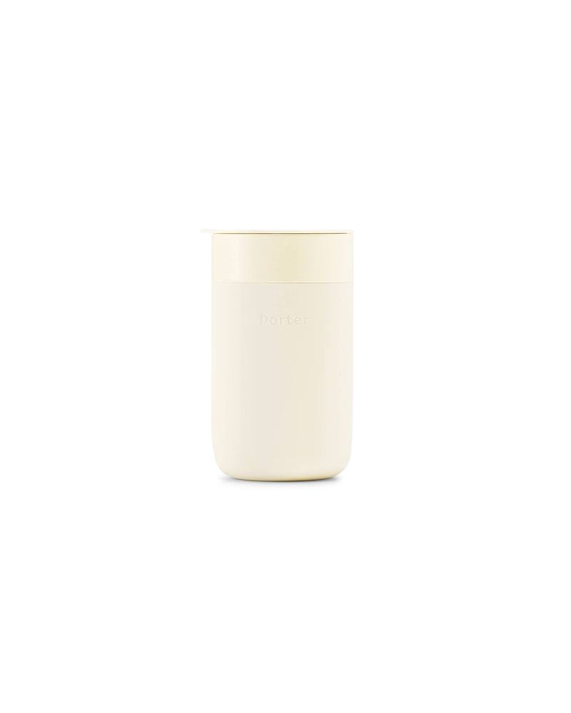 W&P - Ceramic Reusable Coffee Mug 16oz: Charcoal with a white silicone sleeve and lid, designed for durability and style in everyday use.
