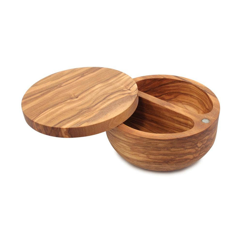 Swissmar Salt Keeper in Olive Wood, featuring a unique carved design with a lid, ideal for stylish kitchen storage, embodying Athens Cooks' curated kitchenware ethos.