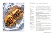 Cookbook spread from 'By Heart' featuring Chicago-Style Braised Italian Beef Sandwiches recipe with foil-wrapped sandwiches and detailed cooking instructions.