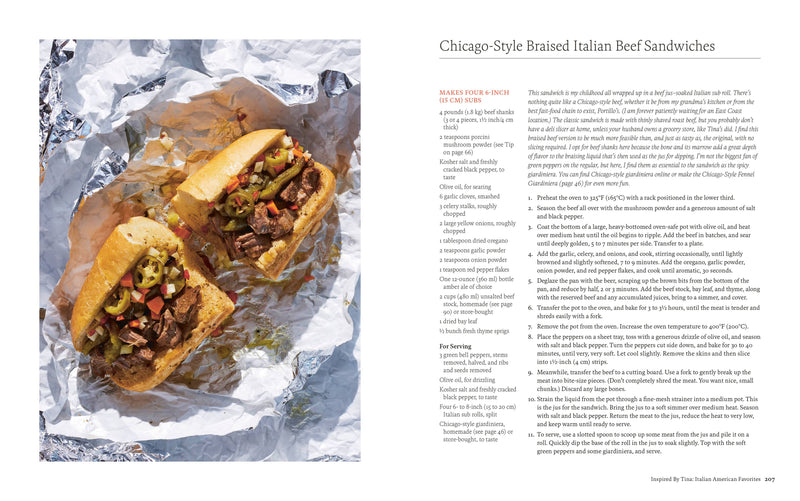 Cookbook spread from 'By Heart' featuring Chicago-Style Braised Italian Beef Sandwiches recipe with foil-wrapped sandwiches and detailed cooking instructions.