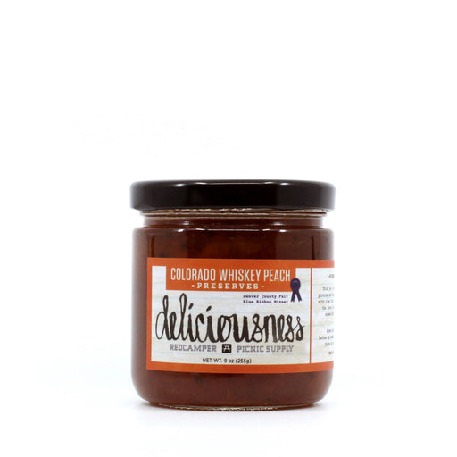 RedCamper - Colo. Whiskey Peach Deliciousness Preserves, 9 oz jar, perfect for cheeseboards and pairing with various foods, showcasing organic peaches and award-winning flavor.