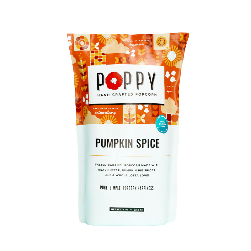 Poppy Hand-Crafted Popcorn - Pumpkin Spice Popcorn; 9-ounce bag with salted caramel flavor, gluten-free, featuring pumpkin-pie spices, ideal for seasonal snacking from Athens Cooks.