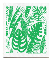 Bespoke Provisions - Tropical Leaves Swedish Dishcloth featuring a detailed green leaf pattern, designed for eco-friendly cleaning, made from cotton and cellulose, biodegradable and compostable.