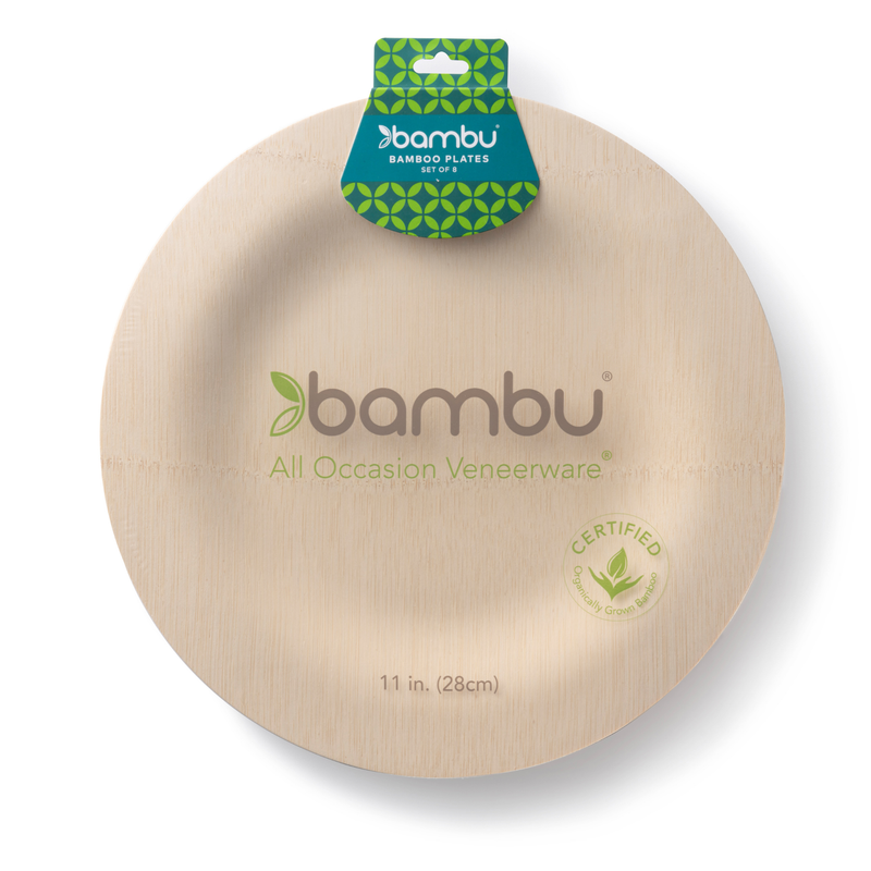 bambu® - Disposable Bamboo Round Plates: 11 inches, eco-friendly, compostable, FSC-certified, suitable for events, sold as a set of eight, ideal for sustainable gatherings.
