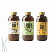 Three 12 oz brown bottles from Yakami Orchard featuring Japanese citrus juices: Yuzu, Kabosu, and Sudachi, ideal for culinary and cocktail uses.