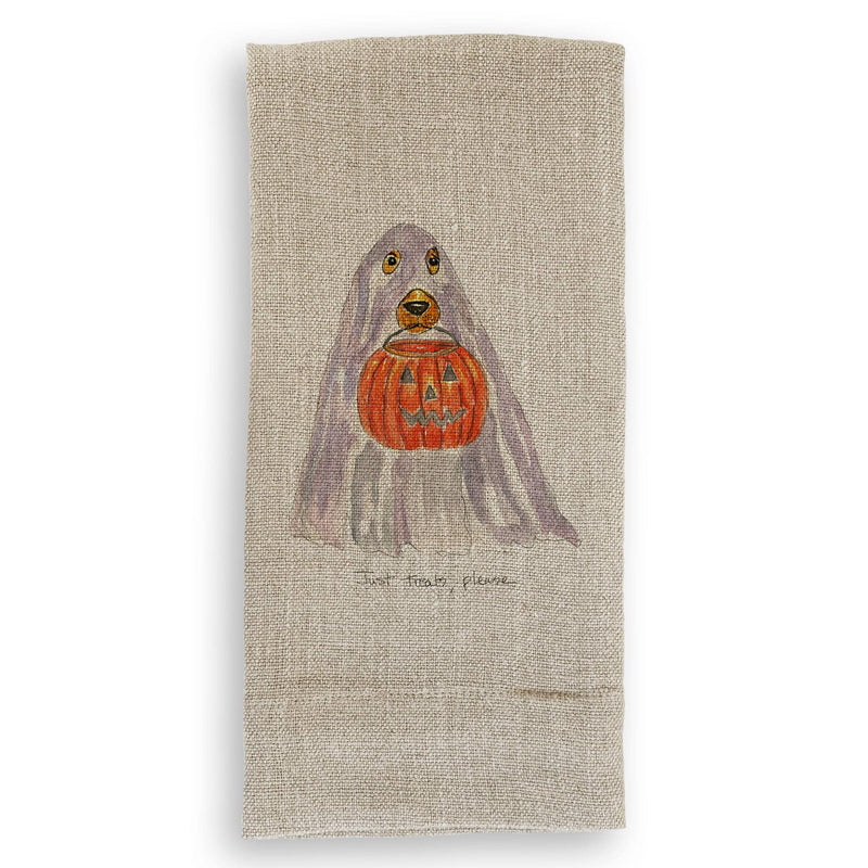 French Graffiti | Just Treats Please Ghost - White Guest Towel featuring a charming dog and pumpkin illustration, part of a curated collection enhancing home elegance and functionality.