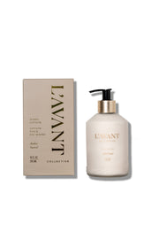 L'AVANT Collective - Hand Lotion Ambre Santal set, featuring a frosted-glass pump bottle and matching box, offering a luxurious, plant-based moisturizing experience.