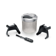 Breville Smart Grinder Pro accessory set, including portafilter stands, graduated container, and cleaning brush, complements coffee grinding precision. Ideal for espresso enthusiasts at Athens Cooks.