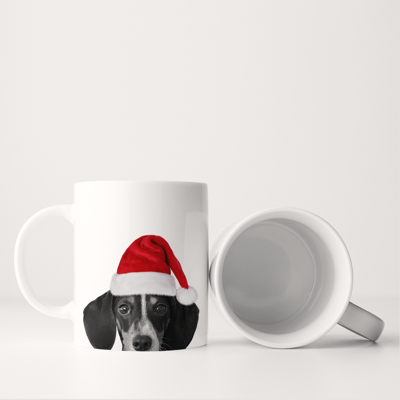 Perkie Prints - Santa Hat Dachshund 1 Mug featuring a dachshund in a Santa hat, perfect for festive kitchen enjoyment. Durable, microwave, and dishwasher-safe.