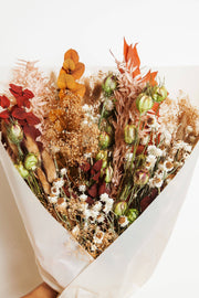 Idlewild Floral Co. - Fall Dried Flower Bouquet, featuring strawflowers, pampas, baby’s breath, and eucalyptus, wrapped elegantly in paper, perfect for autumn decor or gifting.